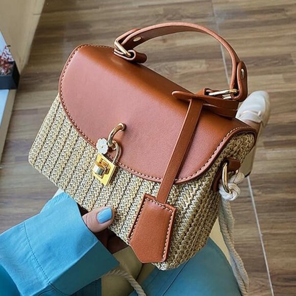 Neiman Marcus Brown Natural Woven Floral Straw Box Bag - Picture 1 of 6